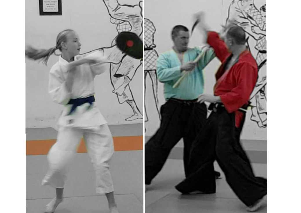 Child demonstrating a striking technique. An adult defending against a knife with a jo (stick)